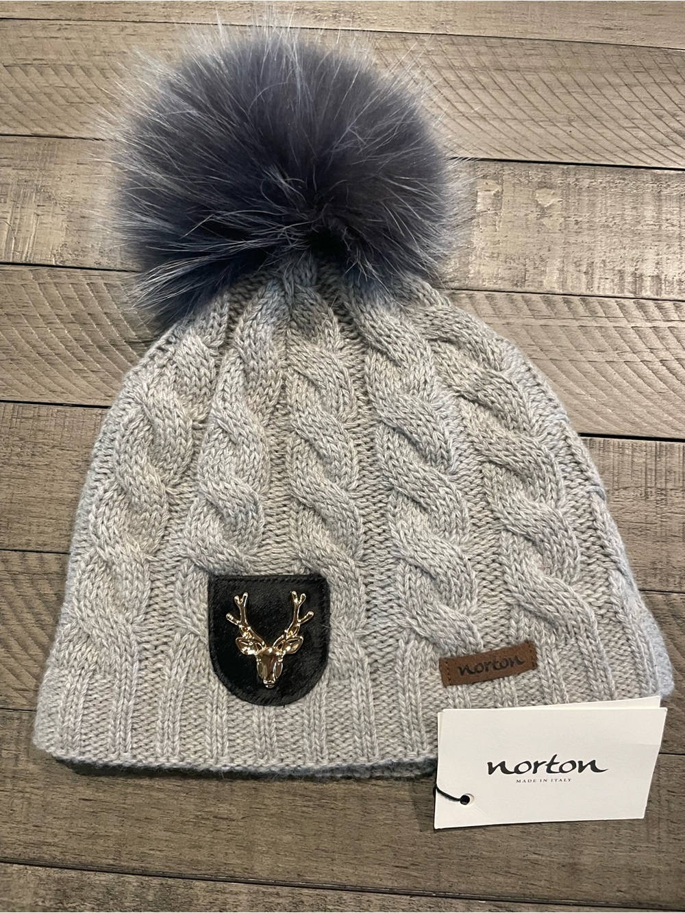 NWT Norton women’s Gray Cable Knit Pom Beanie with Faux Fur Pom; made in Italy